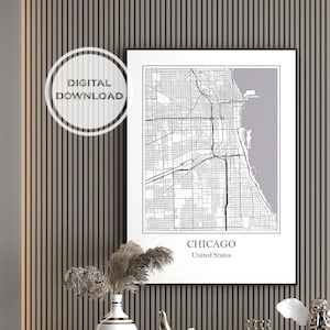 Arte digital contemporáneo: mapa del centro de la ciudad de Chicago para decoración de paredes. Decoración de pared moderna. Descarga digital. Gran decoración casera abstracta moderna.