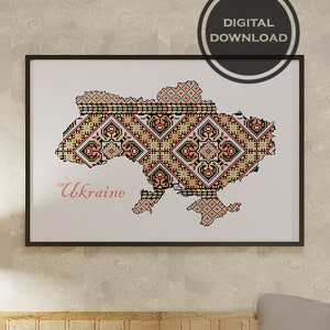 Ukrainische Karte mit traditioneller Stickerei - Dekorative Digitale Kunst für Innenräume, Große abstrakte Wohnkultur zum direkten Download