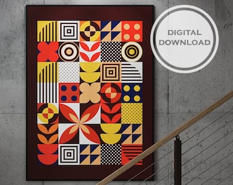 Pode incluir: Um download digital de uma impressão de arte abstrata geométrica com um esquema de cores vermelho, amarelo e azul. A impressão apresenta uma variedade de formas e padrões, incluindo círculos, quadrados e triângulos. A impressão é colocada sobre um fundo marrom escuro.