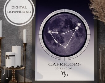 Zeitgenössischer Digital Art Print - Symbolischer Sternzeichen Kreis mit Steinbock Konstellation - Wand-Dekor und Geschenkidee - Große druckbare Wandkunst.