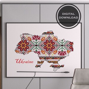 Carte ukrainienne avec broderie traditionnelle - Art numérique décoratif pour l'intérieur, grand décor abstrait à télécharger instantanément