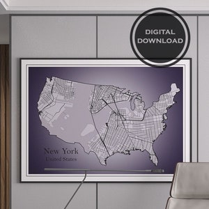 Impresiones de Manhattan: una impresión de arte de mapa elegante y contemporánea para la decoración de paredes en monocromo. Descarga digital. Gran decoración para el hogar.