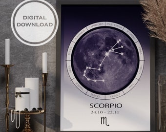 Modernes digitales Gemälde eines symbolischen Sternzeichen Kreis mit Sternbild Skorpion für Wand-Dekor und Geschenk. Digitaler Download. Große Wohndeko.