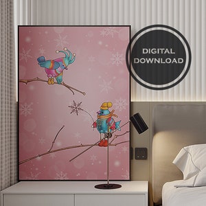 Fantasy Birds on Soft Pink Background - Large Digital Abstract Art Print for Kids Room Decor. Large modern abstract decor. Digital Download.