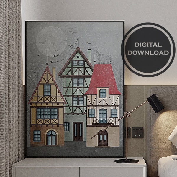 Enchanting Medieval Village - Digital Abstract Art Print for Children's Room or Play Space Decor. Large modern decor. Digital Download.