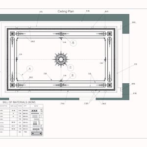 May include: A detailed ceiling plan with ornate decorative elements. The plan includes a central starburst design, decorative borders, and a bill of materials table. The text "Ceiling Plan" is at the top.