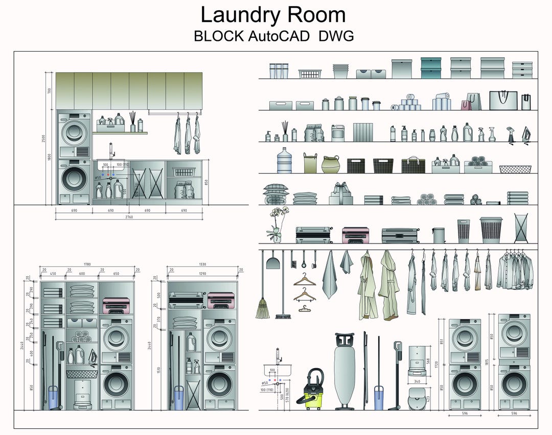 103 DWG Blocks for Laundry Accessories Including Towels, Baskets ...