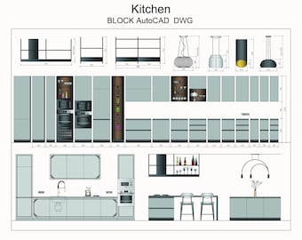 69 disegni CAD di mobili da cucina: basi a parete 300/450/600/900 mm, colonne, isola, cappe a parete. Vista frontale CAD per AutoCAD
