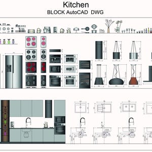 Könnte beinhalten: Eine detaillierte architektonische Zeichnung mit der Bezeichnung "Küche" mit verschiedenen Küchengeräten, darunter Kühlschränke, Öfen, Kochfelder und Spülen. Die Zeichnung enthält auch Pendelleuchten und Küchenschrankdesigns. Maße sind enthalten.