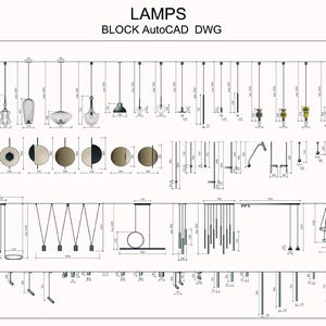 Peut inclure: Un dessin technique de diverses lampes, comprenant des suspensions, des spots et des appliques murales. Les lampes sont représentées en vue de dessus, avec des mesures en millimètres. Le dessin comprend le texte "LAMPS" et "BLOCK AutoCAD DWG".