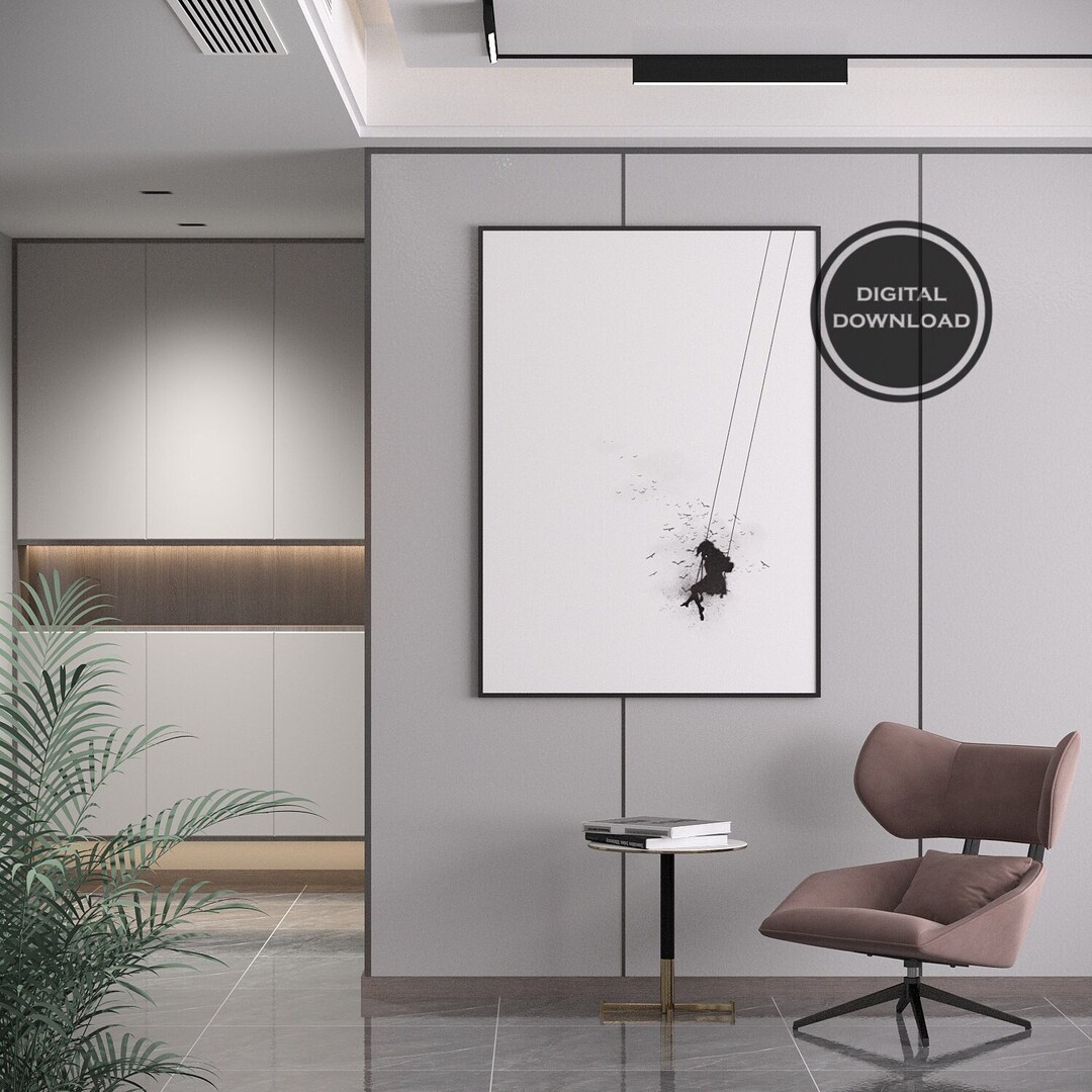 Minimalist Digital Art Print of a Girl on a Swing for Modern Home Decor ...