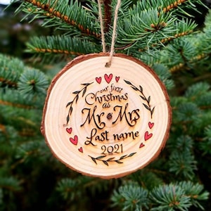 Our first Christmas as Mr. and Mrs. custom 2025 wood slice ornament