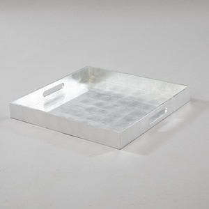 May include: A silver square serving tray with two handles on the sides. The tray has a slightly textured surface.