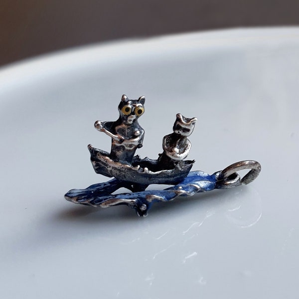 RARE CHIM Vintage Silver Cats in Boat Charm, MOVING Charm,Sterling Silver Cat Charms,Silver Boat Charm, Silver Cat Charms, Enameled Charms J