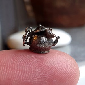 CUTE ENAMELED Vintage Silver Mouse Charm,Vintage Mouse in Teapot Charm, Sterling Mouse Charms, Silver Teapot Charms, Silver Rat Charm, { 2