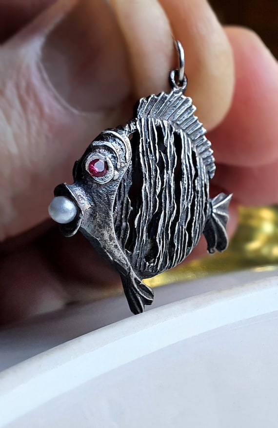 UNUSUAL Vintage Silver Fish Charm Set with Ruby a… - image 1