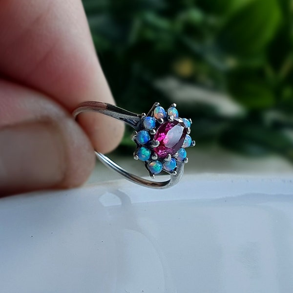 STUNNING Genuine OLD Vintage Sterling Silver Opal Ruby Ring, Sterling Silver Ruby Ring, Vintage Silver Opal Rings,