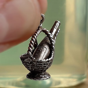 UNUSUAL Vintage Silver Wine Bottle in Ice Bucket Charm ,Sterling Silver Charms, { i }