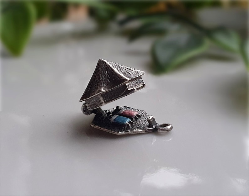 RARE and UNUSUAL Vintage Silver Tent Charm, OPENS to Reveal Enameled ...