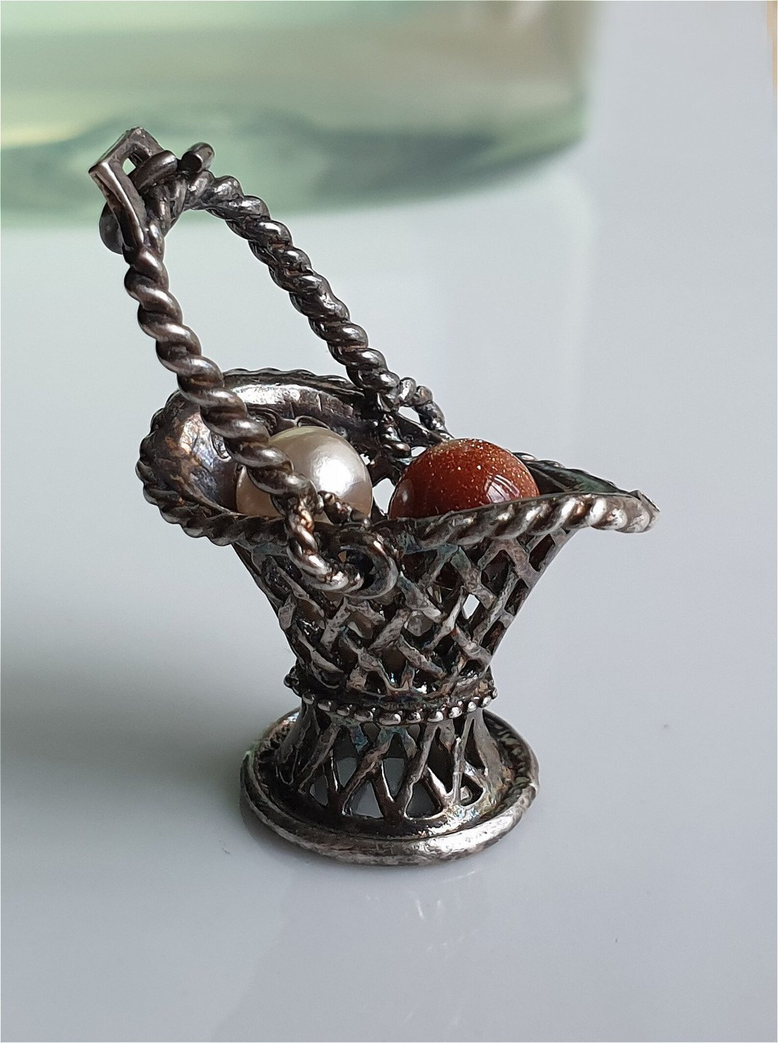 VERY UNUSUAL Vintage Silver Basket With Gems Inside Charm Etsy