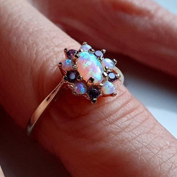 Genuine Vintage 9ct Gold Opal and Amethyst Cluster Ring, GORGEOUS, Gold Amethyst and Opal Cluster Ring