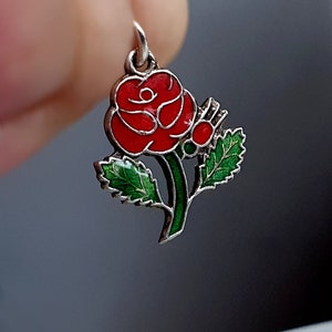 Vintage Silver Enameled Rose Charm, Sterling Silver Flower Charms (x)