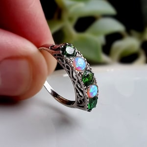 Genuine OLD Vintage Sterling Silver Opal Emerald Ring, Sterling Silver Emerald Ring, Vintage Silver Opal Rings,