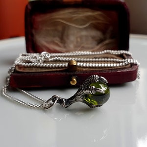 STUNNING Vintage Silver Dragons Claw Pendant with Chain, Dark Peridot Ball, Sterling Silver Claw Charms, Silver Dragons Claw Necklace