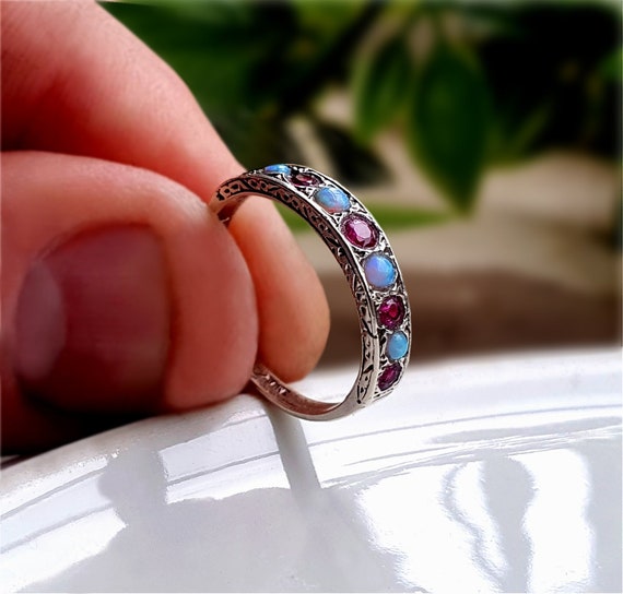 STUNNING Vintage Sterling Silver Opal Ruby Ring, … - image 1