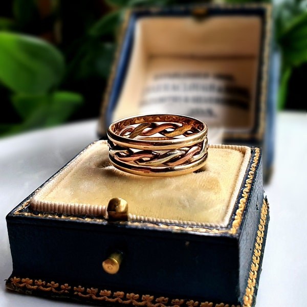 UNUSUAL Vintage Solid 9ct Gold Rose, White, Yellow Gold Band Ring, 3 COLOUR Golds All In One Ring, Fully Hallmarked, Must See { q }