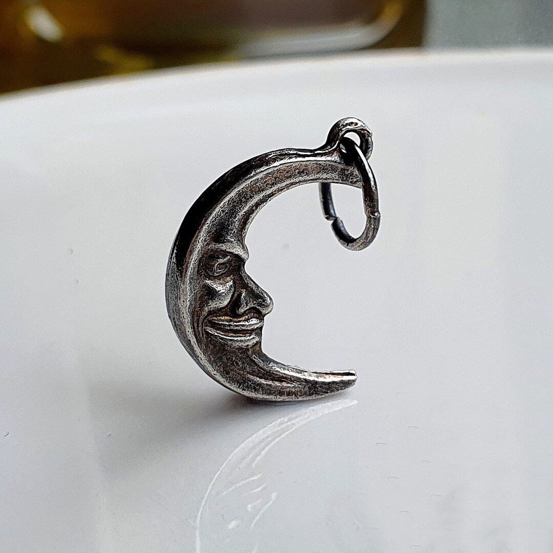 UNUSUAL DETAILED Vintage Silver Moon Charm, DOUBLE Sided Sterling ...