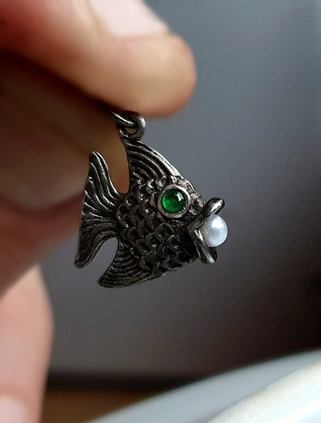 UNUSUAL Vintage Silver Emerald Fish Charm, Sterling Silver Fish Charms ...