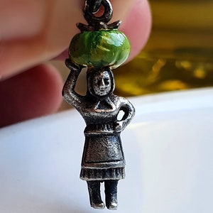VERY RARE Vintage Silver Enameled Indian African Woman Carrying Bowl on Head Charm, Silver African Woman Charm, Silver Indian Woman Charm (5