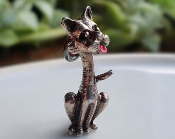 UNUSUAL Vintage Silver Cat with Pink Tounge Charm,Sterling Silver Cat Charms, Silver Cat Charms, Enameled Cat { f }