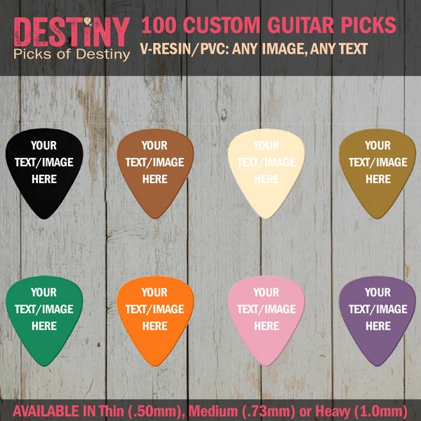 100 CUSTOM GUITAR PICKS - V-Resin/Pvc - Customize with your own photo or text - choose 1 of the 8 colors