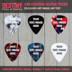 100 CUSTOM GUITAR PICKS - Celluloid - Customize with your own photo or text - choose 1 of the 6 colors