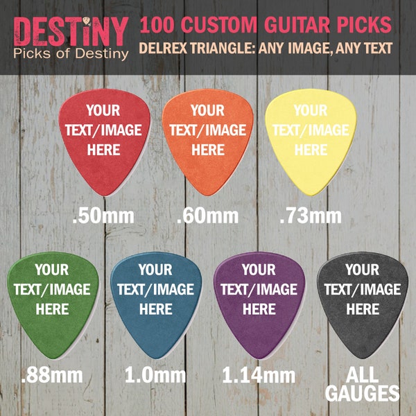 100 CUSTOM GUITAR PICKS - Delrin Standards - customize with your own photo or text - choose 1 of the 7 colors