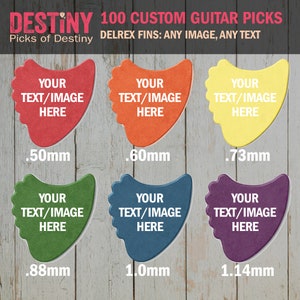 100 CUSTOM GUITAR PICKS - Delrin Fins - customize with your own photo or text - choose 1 of the 6 colors