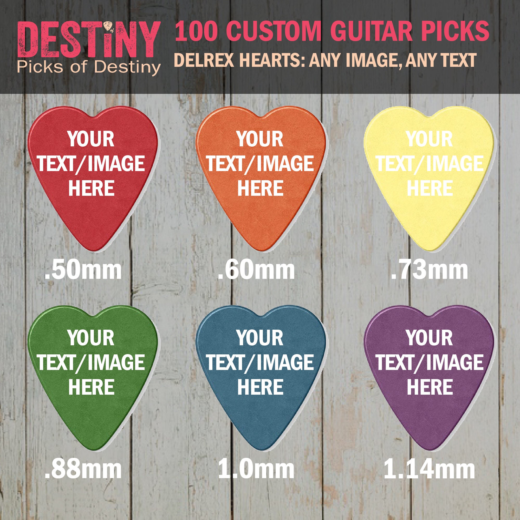100 CUSTOM GUITAR PICKS - Delrin Hearts - customize with your own photo or text - choose 1 of the 6 colors