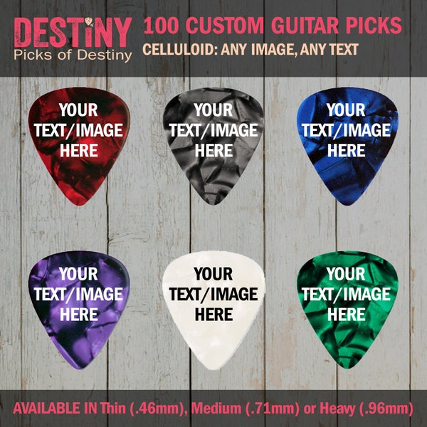 100 CUSTOM GUITAR PICKS - celluloid - customize with your own photo or text - choose 1 of the 6 colors