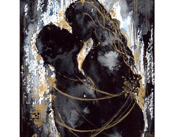May include: Watercolor painting of two figures in a close embrace, rendered in black silhouette. Gold paint accents the figures and background, with a dark, textured backdrop. The artwork evokes a sense of intimacy and connection.
