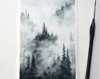 Mountains foggy nature landscape. 5x7 evergreen forest original watercolor painting. Misty pine trees. Monochromatic wilderness art.