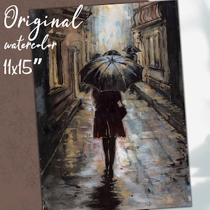 Rainy painting. Woman with umbrella silhouette. Rainy night street watercolor painting. Original artwork. Walking woman in rainy cityscape.