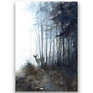 Deer in misty forest watercolor painting. Wildlife original artwork.