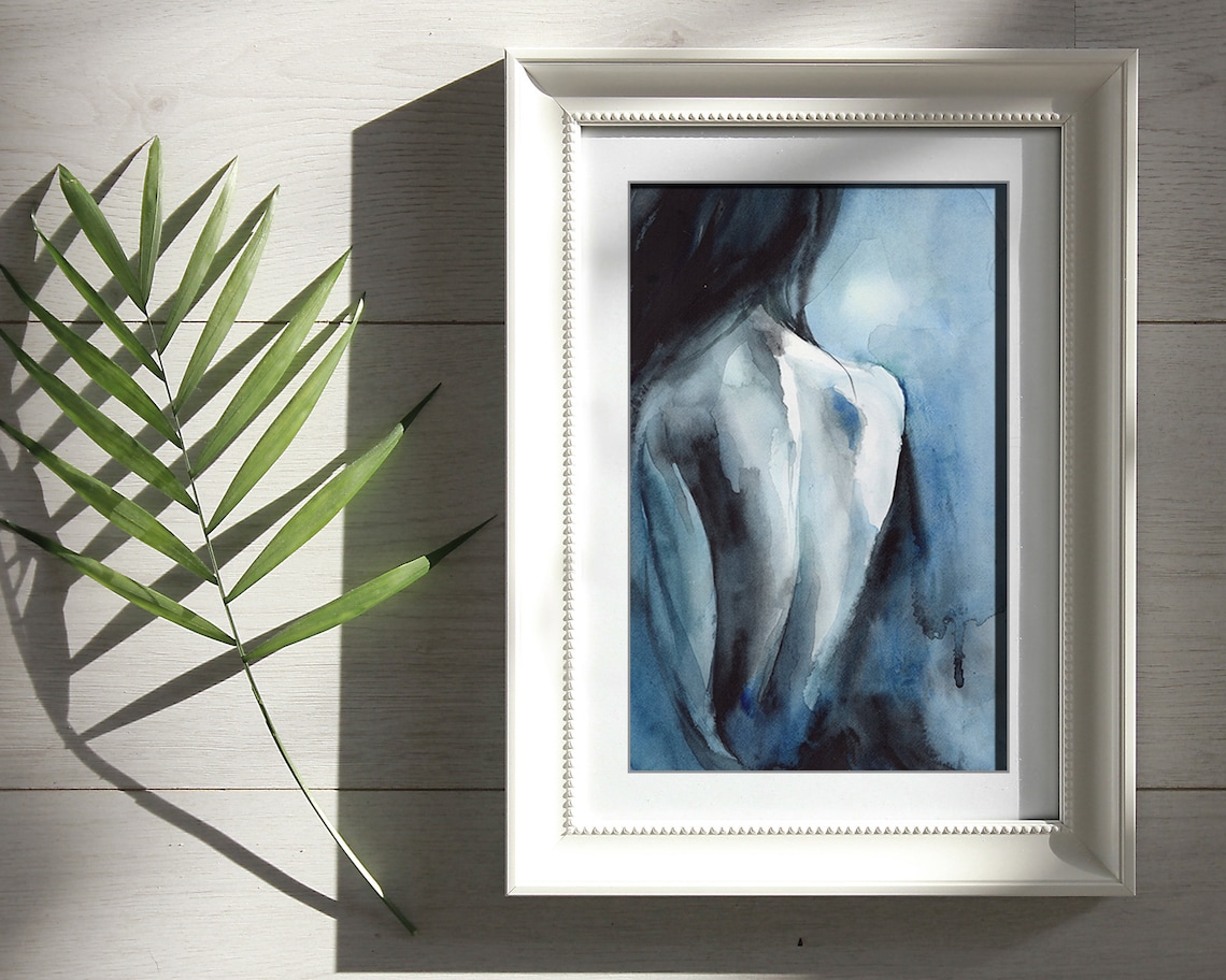 Naked Woman Figure Blue Watercolor Painting Nude Woman Etsy