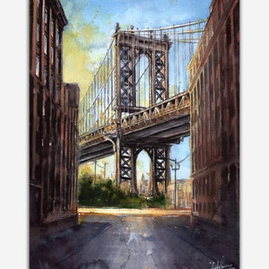 Manhattan Bridge original artwork. New York City watercolor painting.