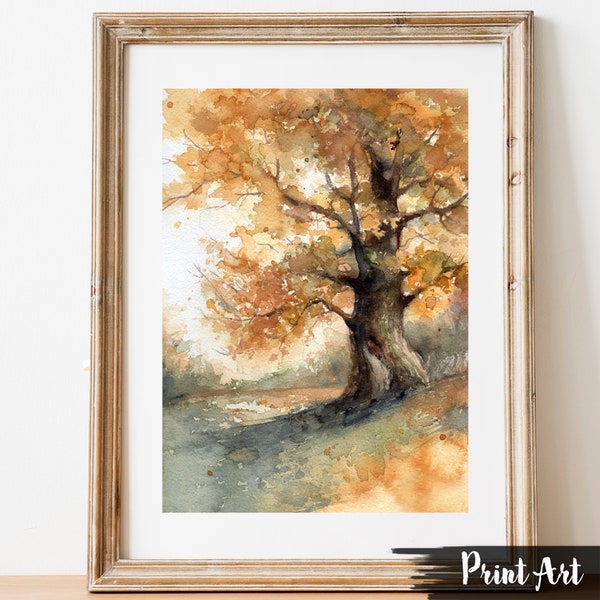 Oak Print of watercolor Autumn old oak. Trees art print. Fall painting wall decor.