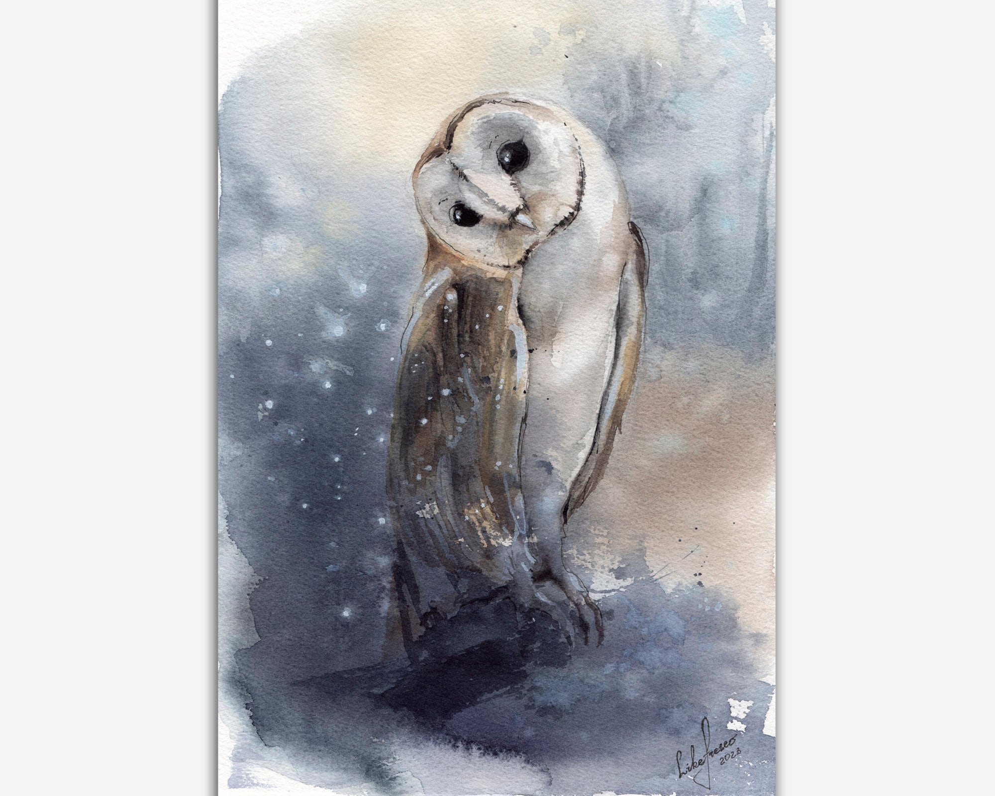Barn owl watercolor painting. Owl original artwork. Mystical owl art. Birds lover gift.