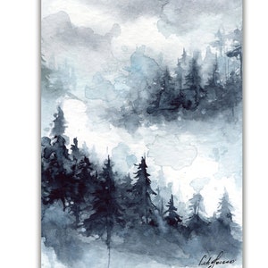 Misty mountain watercolor. Foggy forest. Moody mountains miniature watercolor painting, misty forest, pine trees art.