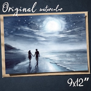 Romantic Couple Silhouette | Monochrome Painting | Loving couple Romantic Walk | Watercolor Original Artwork | Love art | Romantic Gift